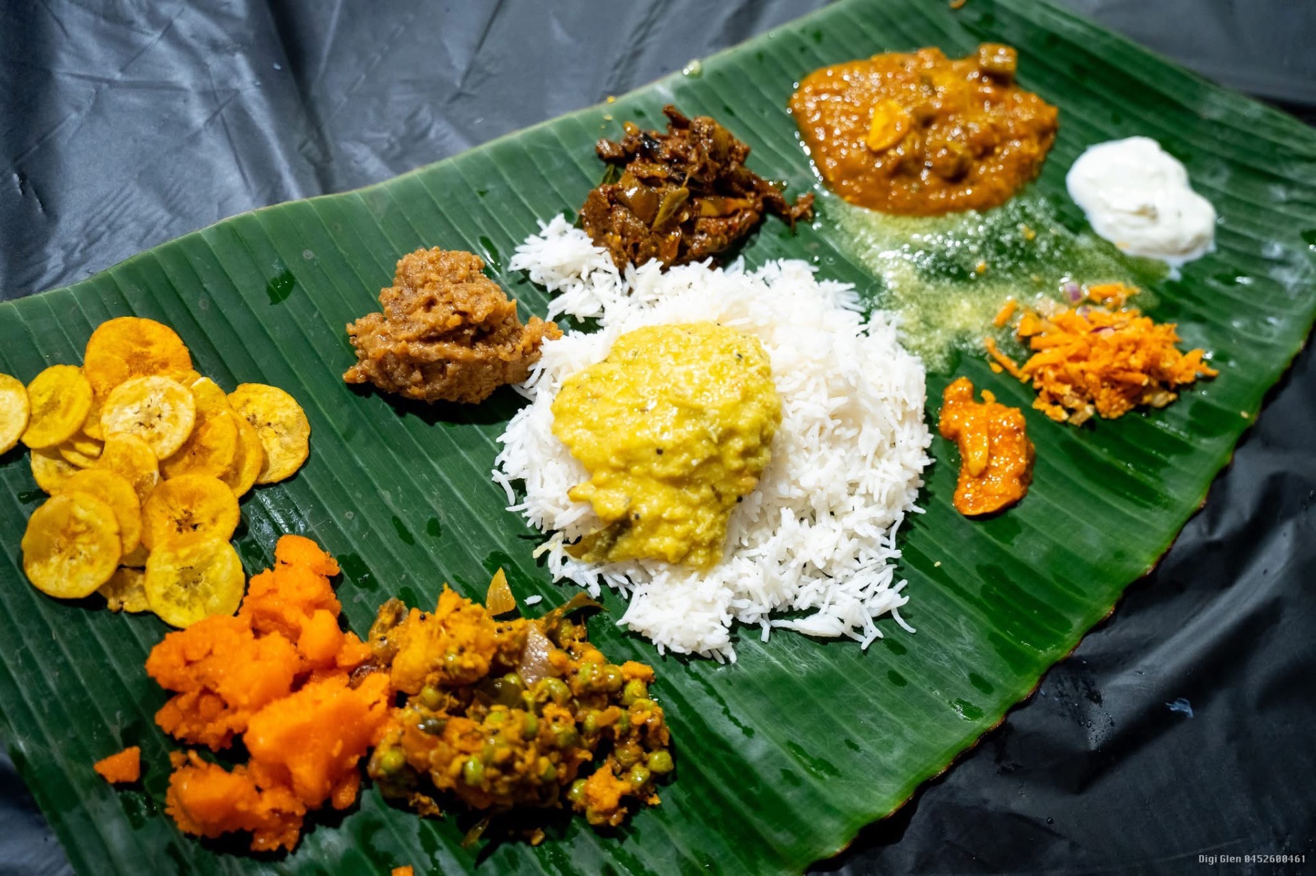 Traditional Tamil meal served on a banana leaf